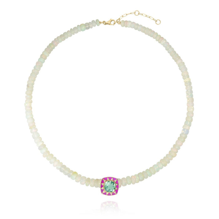 Collier en opales blanches, diamants avec améthyste et émail fuchsia