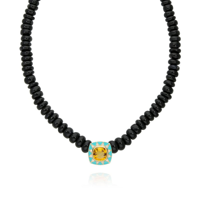 Collier en onyx noir, diamants avec citrine et émail turquoise