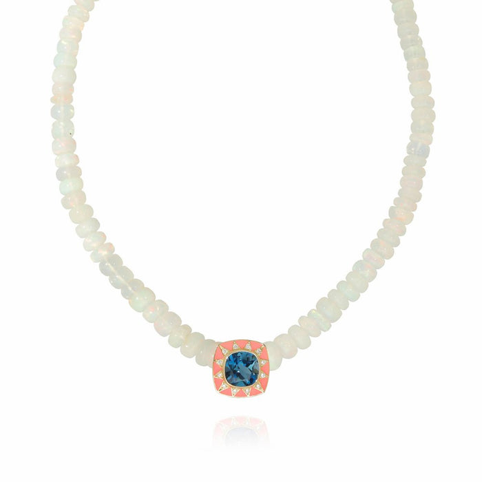 Collier en opales blanches, diamants avec topaze et émail corail