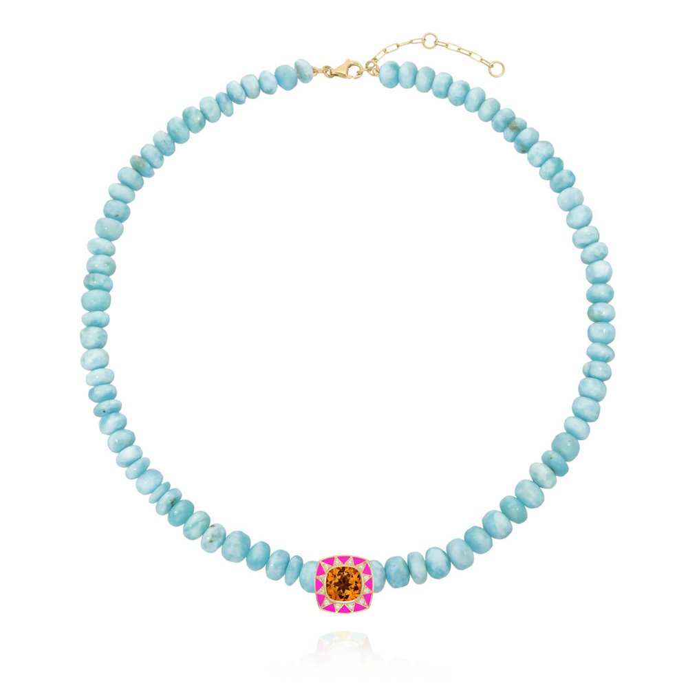Collier 20 Perles Quartz Rose Du Brésil & Larimar - Femme - Neuf Avec Étiquettes