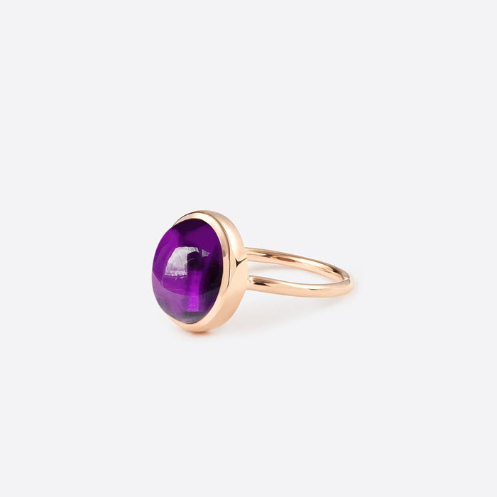 bague femme fantaisie petit oval en or rose 18k monte d une pierre améthyste violette