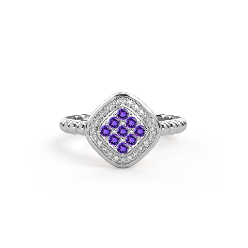 bague femme damier en argent rhodie sertie de pierre fine amethyste violet