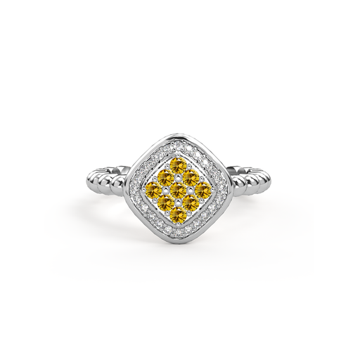 bague damier en argent rhodie pour femme sertie de pierre fine citrine jaune