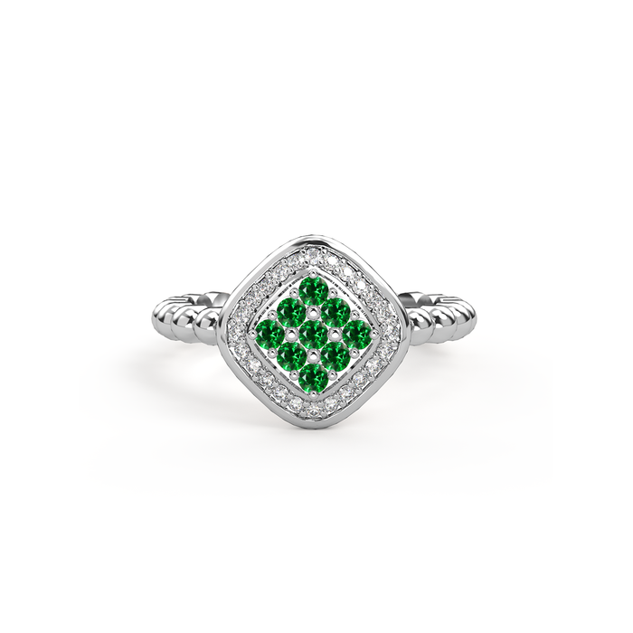 bague damier femme en argent 925 sertie de diamant emeraude vert